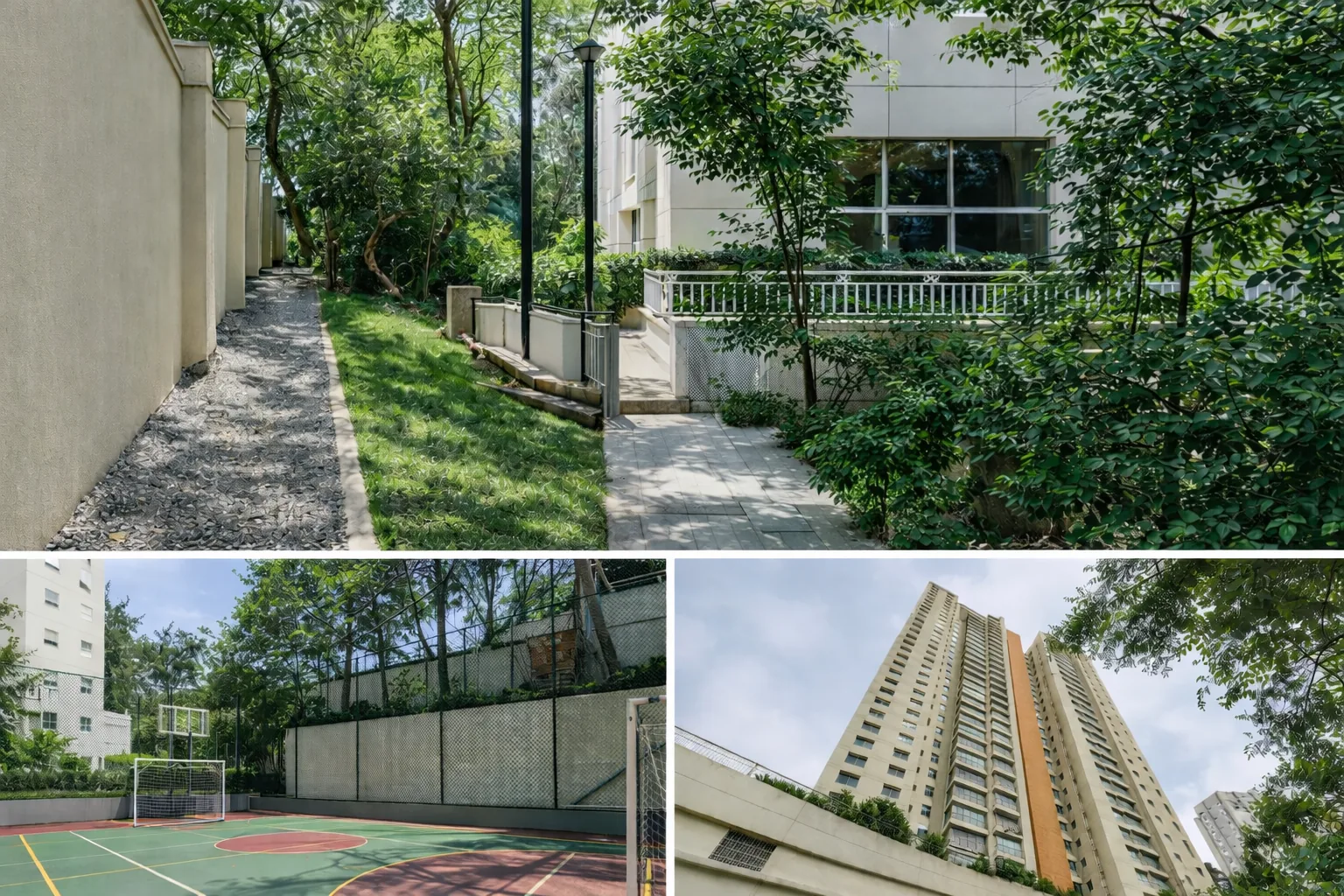 Quadra esportiva, fachada e áreas verdes do Condomínio Taman Vila Andrade
