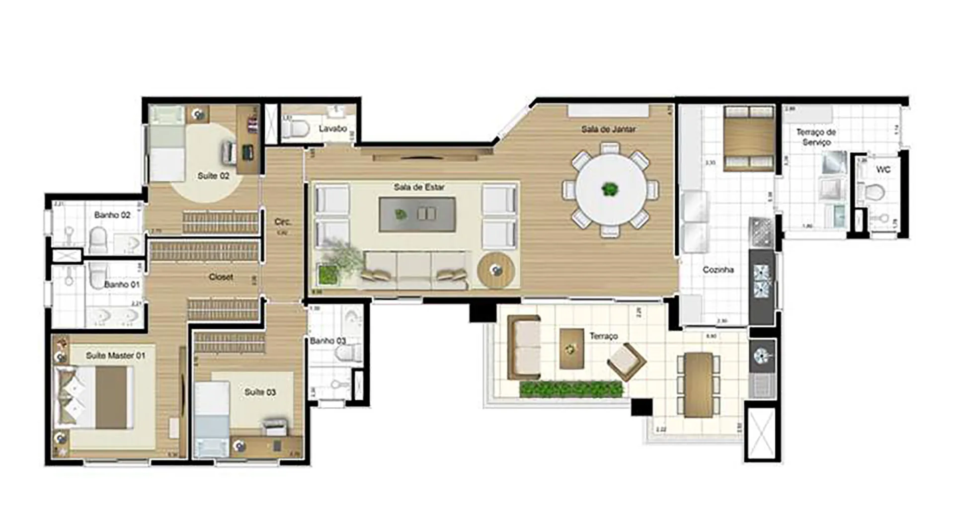 Planta do apartamento de 142 m² com 3 suítes no Condomínio Taman Vila Andrade